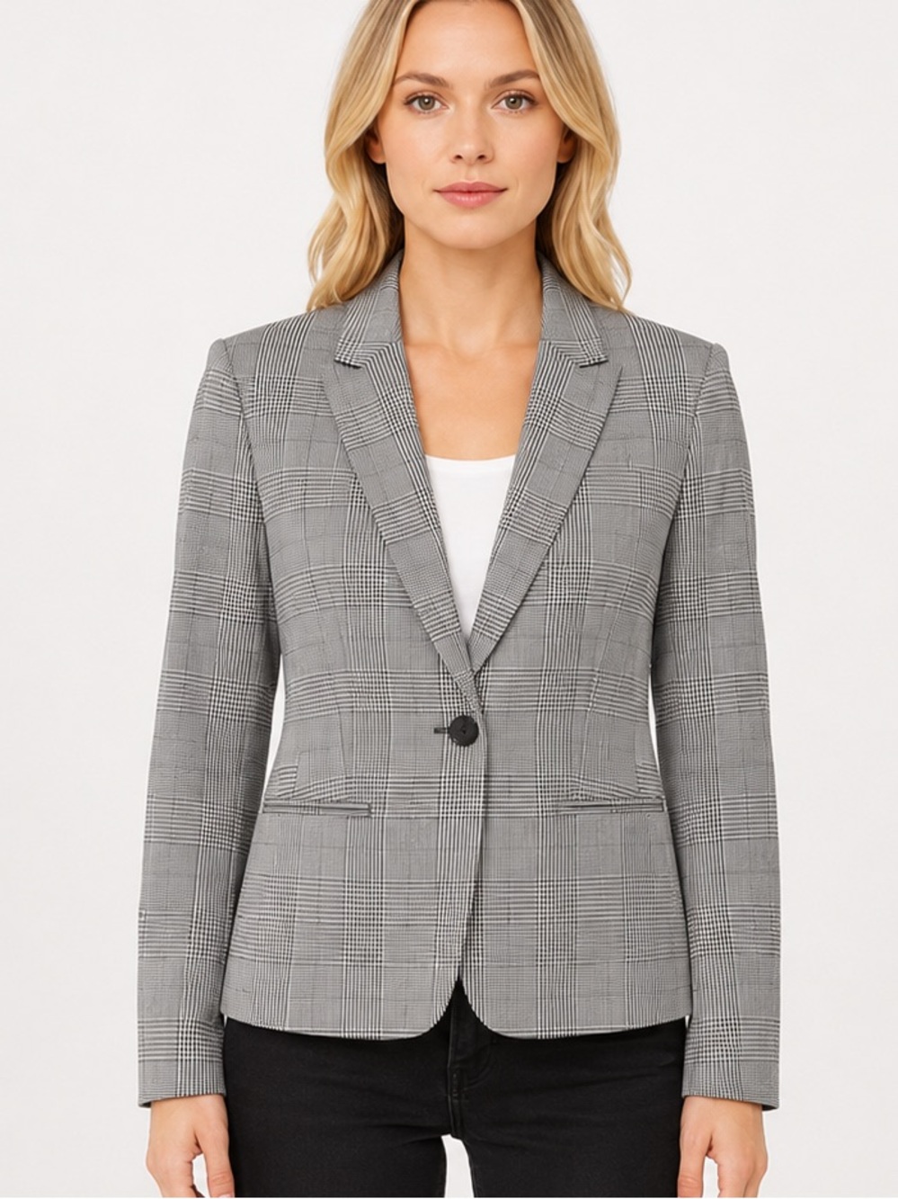 Banana Republic Classic Fit Houndstooth Plaid One-Button Blazer Black White Sz 8